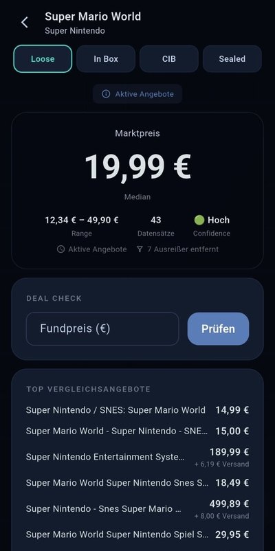 Mintro Preisanzeige – Super Mario World SNES Marktpreis