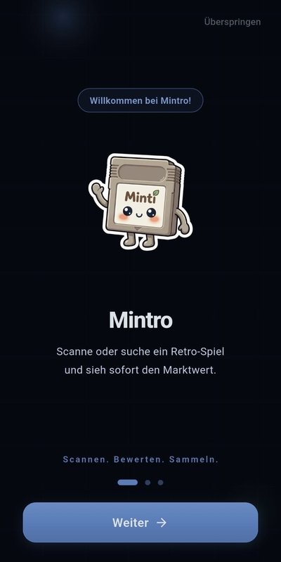 Mintro Willkommens-Screen mit Minti Maskottchen